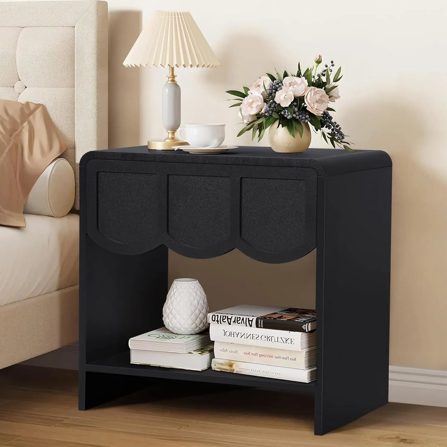 Set/2 Farmhouse Wood Nightstand with Wave Panel Drawe