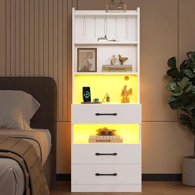 Tall Nightstand Charging Station LED Lights Bookshelf,