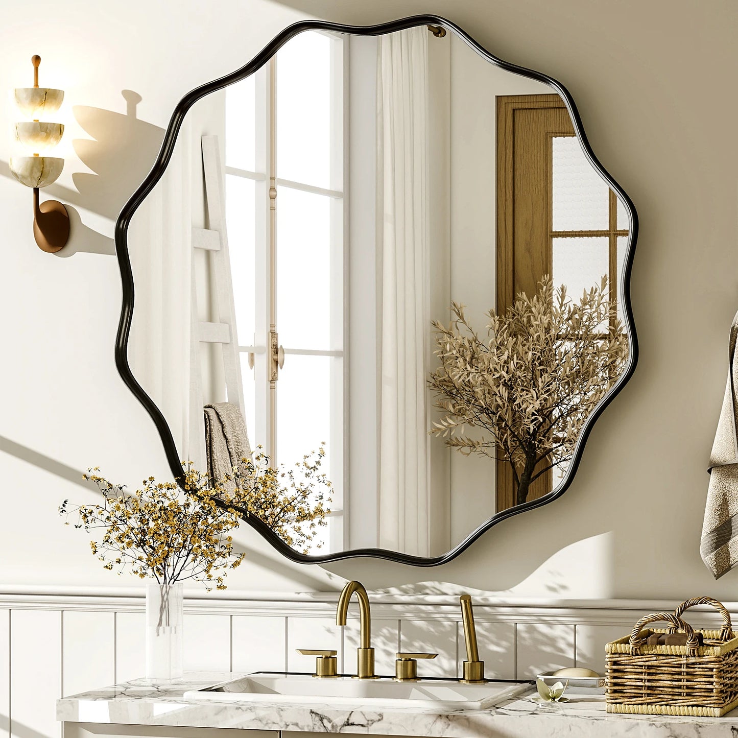 Wavy Round Bathroom Mirror Deep Frame