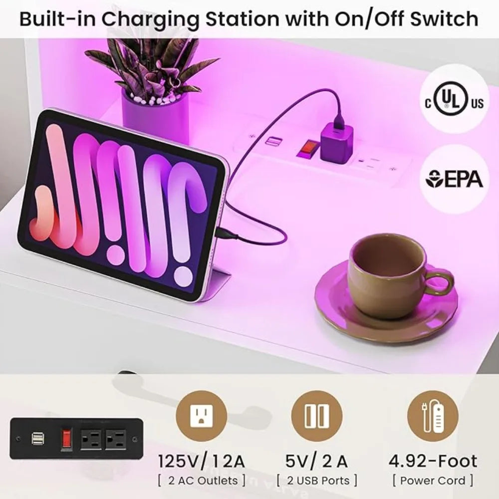 Tall Nightstand Charging Station LED Lights Bookshelf,