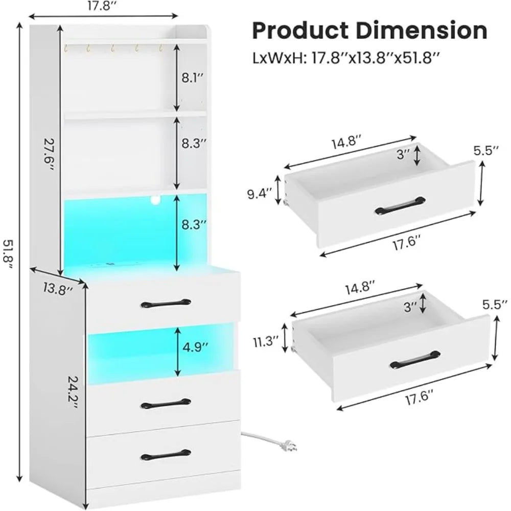 Tall Nightstand Charging Station LED Lights Bookshelf,