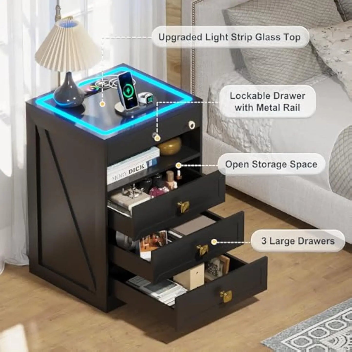 Glass Top LED Gun Drawer with Wireless Charging Station