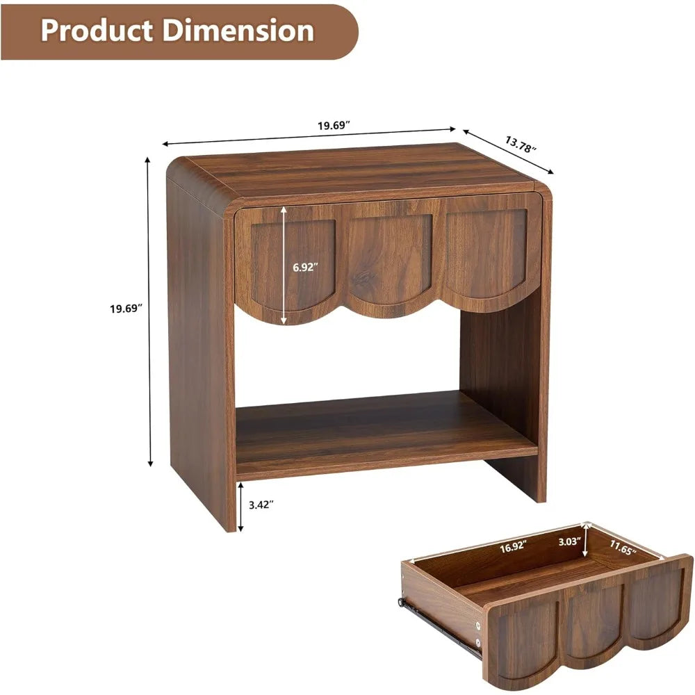 Set/2 Farmhouse Wood Nightstand with Wave Panel Drawe