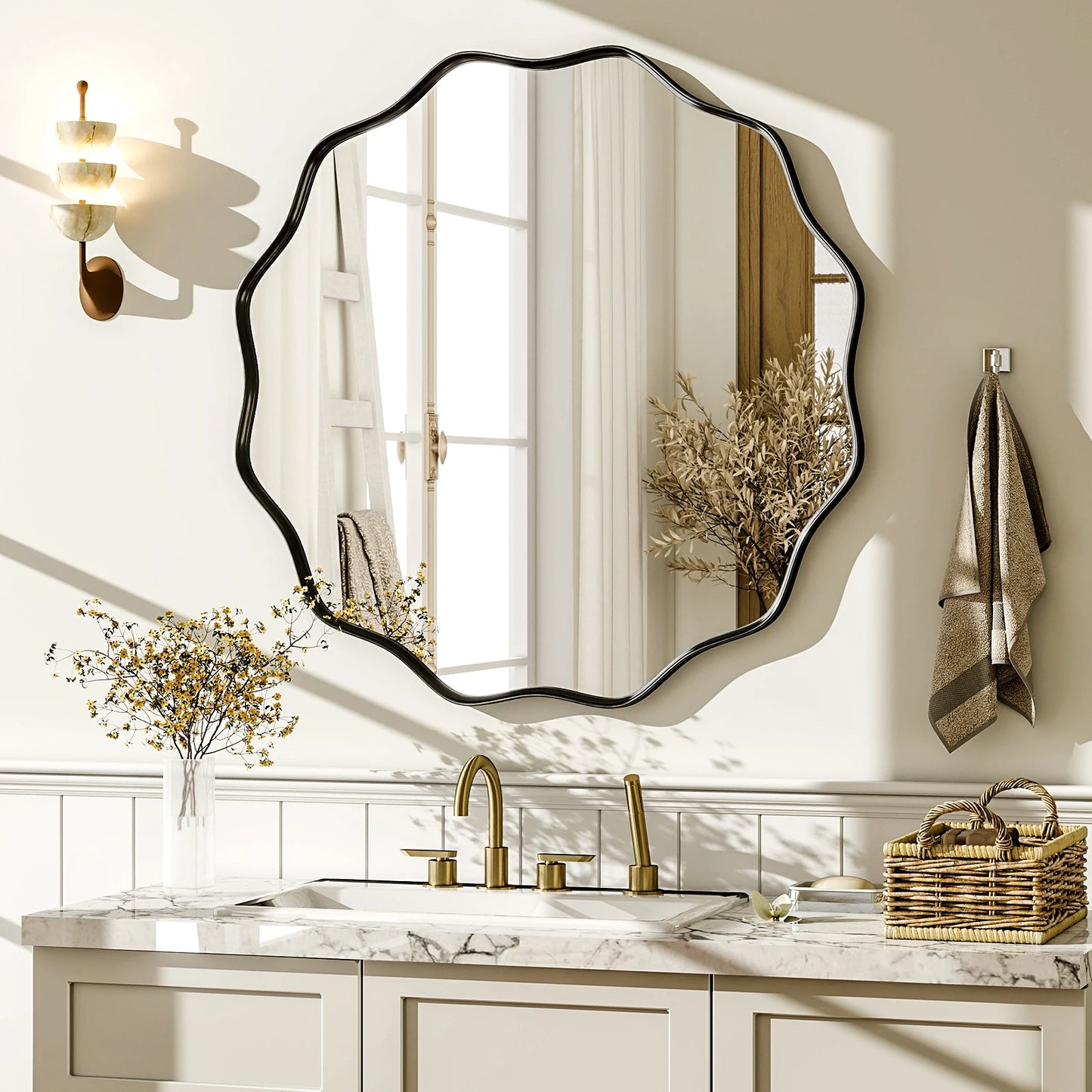 Wavy Round Bathroom Mirror Deep Frame
