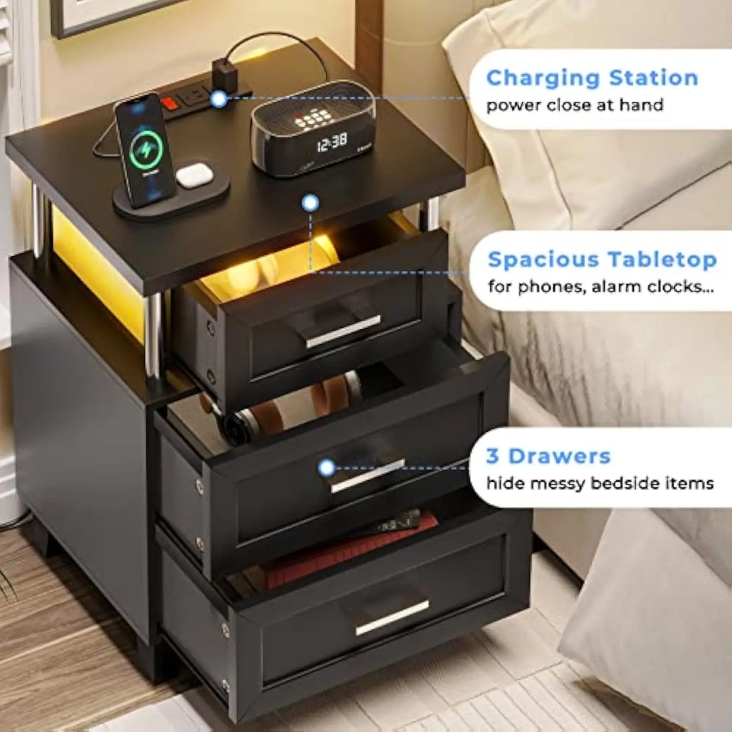 Set/2 Night Stand 3 Drawers Charging Station LED