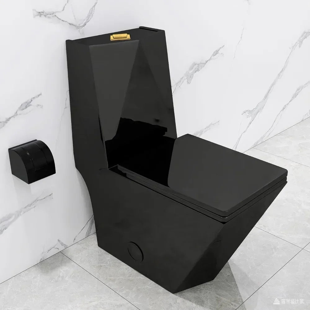 Square One Piece Toilet Black With Gold Button