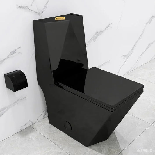 Square One Piece Toilet Black With Gold Button