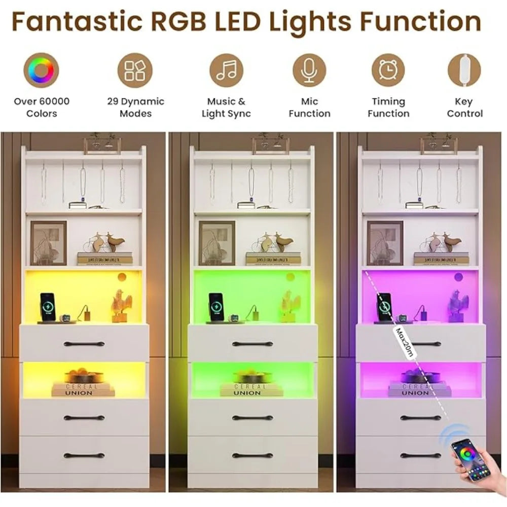 Tall Nightstand Charging Station LED Lights Bookshelf,