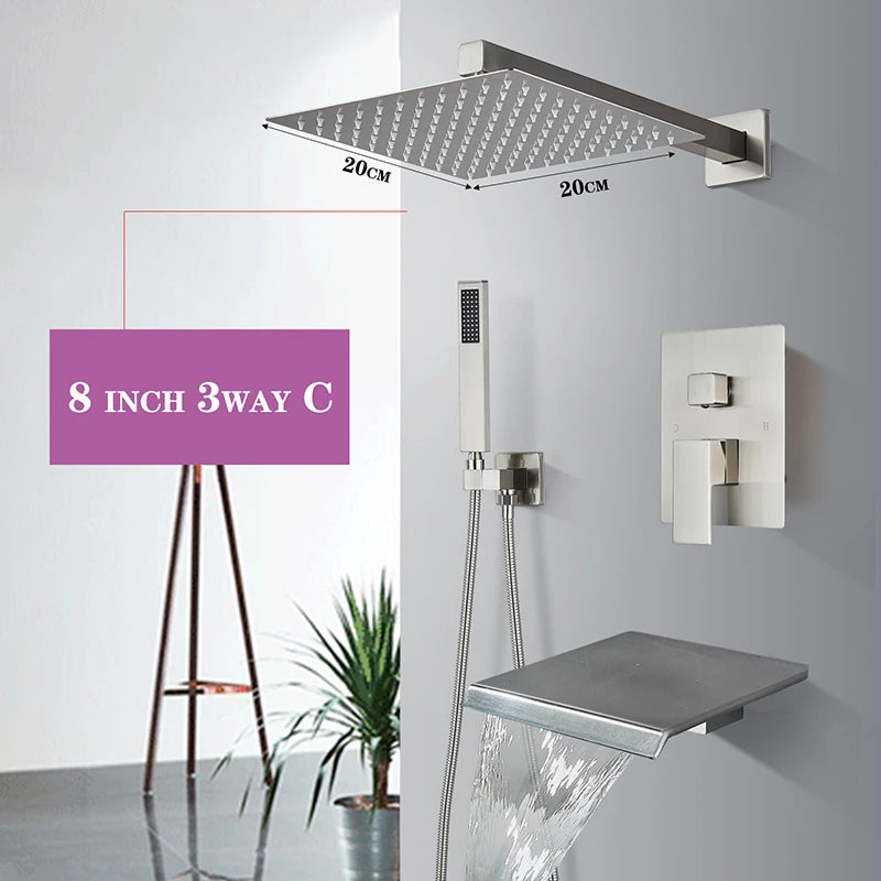 Brushed Nickel  Rainfall Shower Head Rotate/Waterfall