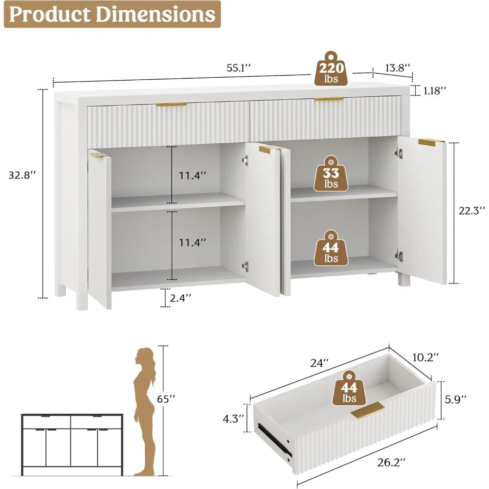 Fluted Storage Cabinet with Drawers Sideboard Cabinet