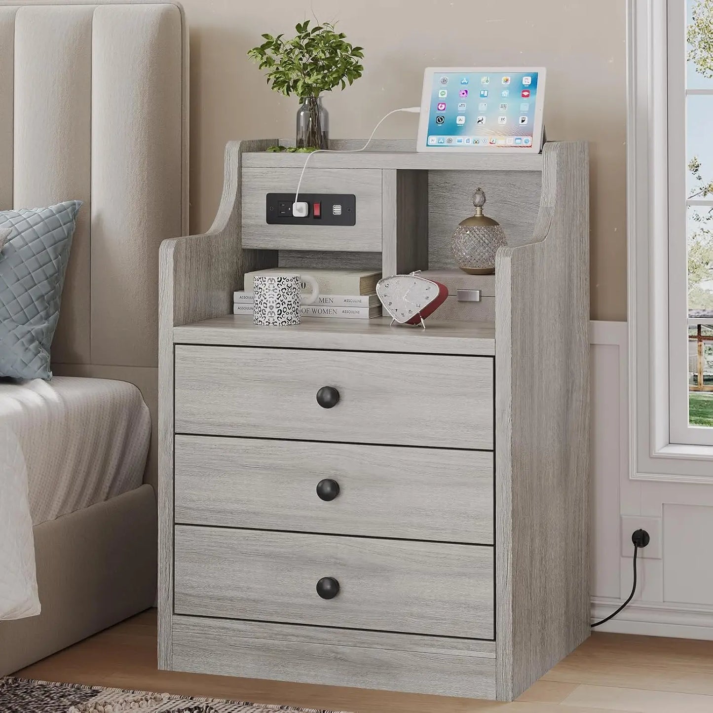 Grey With Hutch Charging Station 3 Drawers