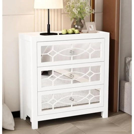 Night Stand, 26 Bedside Table with 3 Mirrored Drawers, Bedroom Nightstand, White Night Stand, Large Storage Bed Desk, Mid Centu