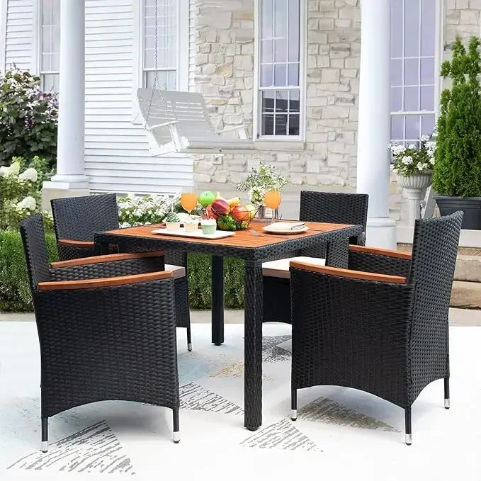 Patio Set with Acacia Wood Top And Wicker Rattan Chairs