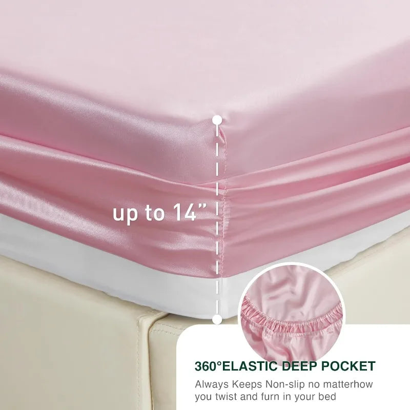 4PC Pink Silky Satin Queen sheet Set