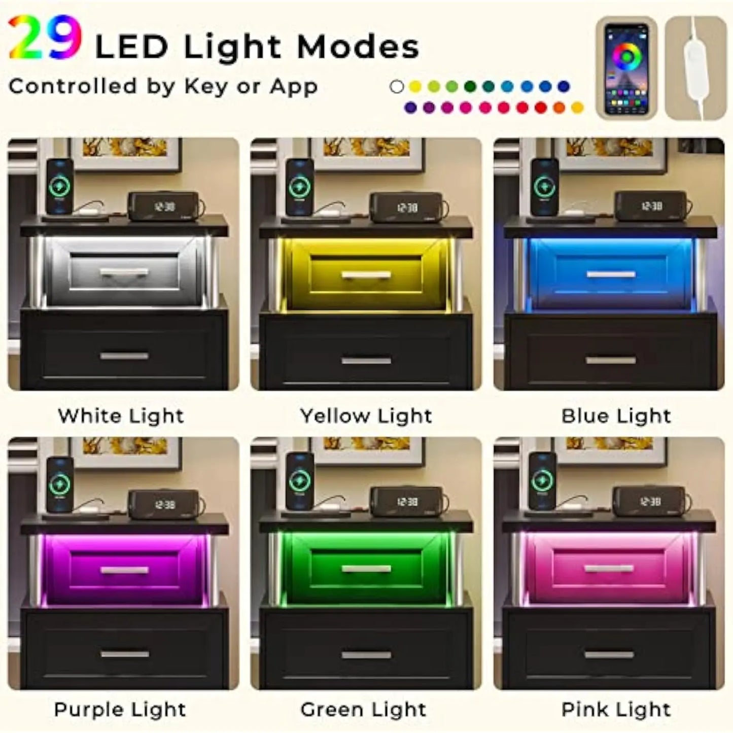 Set/2 Night Stand 3 Drawers Charging Station LED