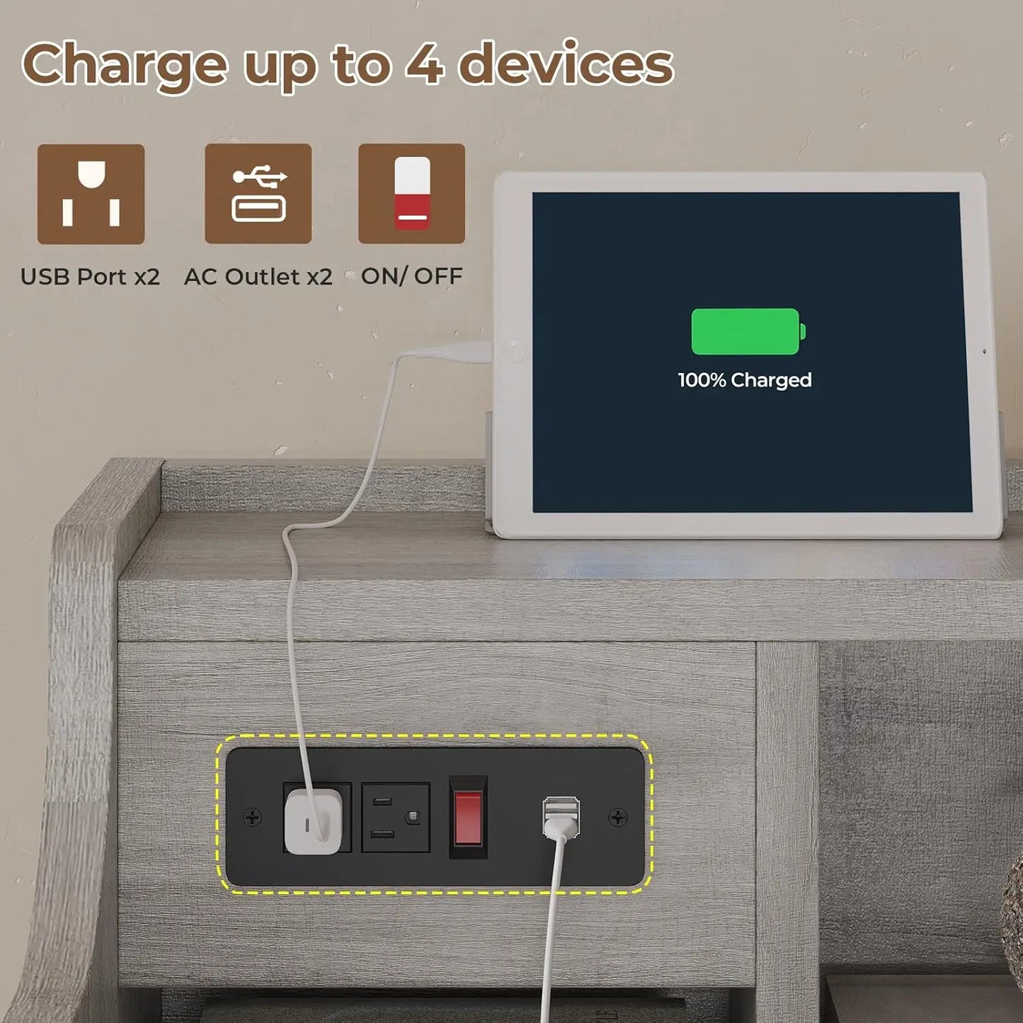 Grey With Hutch Charging Station 3 Drawers