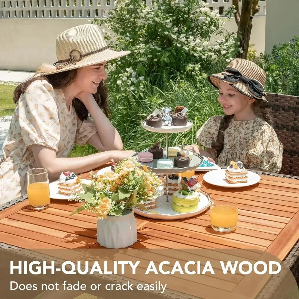 Patio Set with Acacia Wood Top And Wicker Rattan Chairs