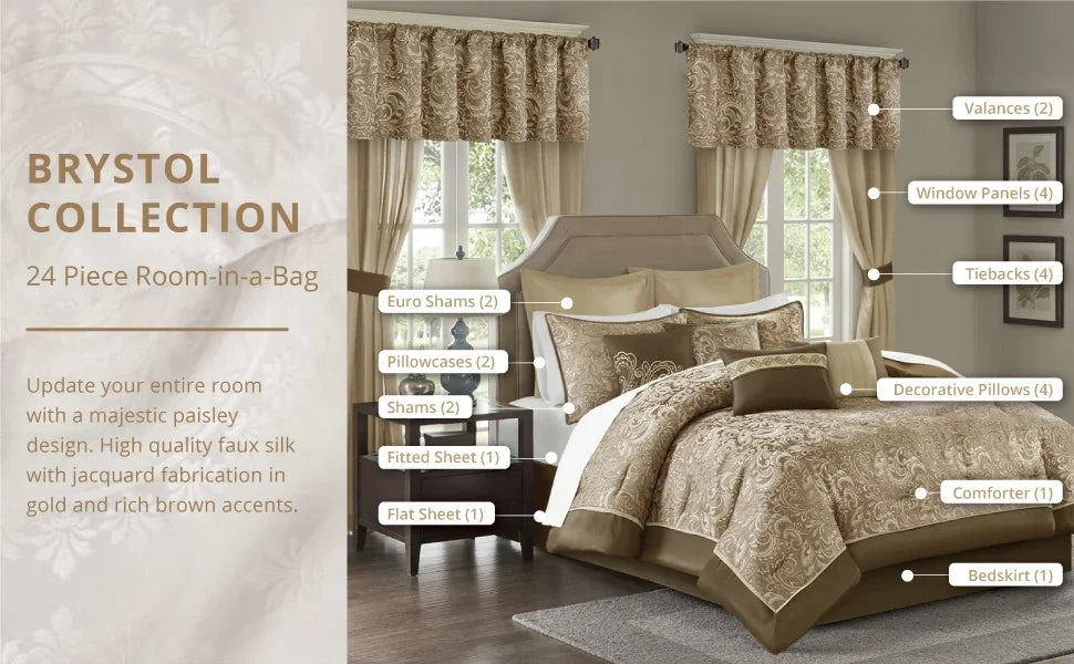 Faux Silk Comforter Jacquard Paisley  Matching Curtains