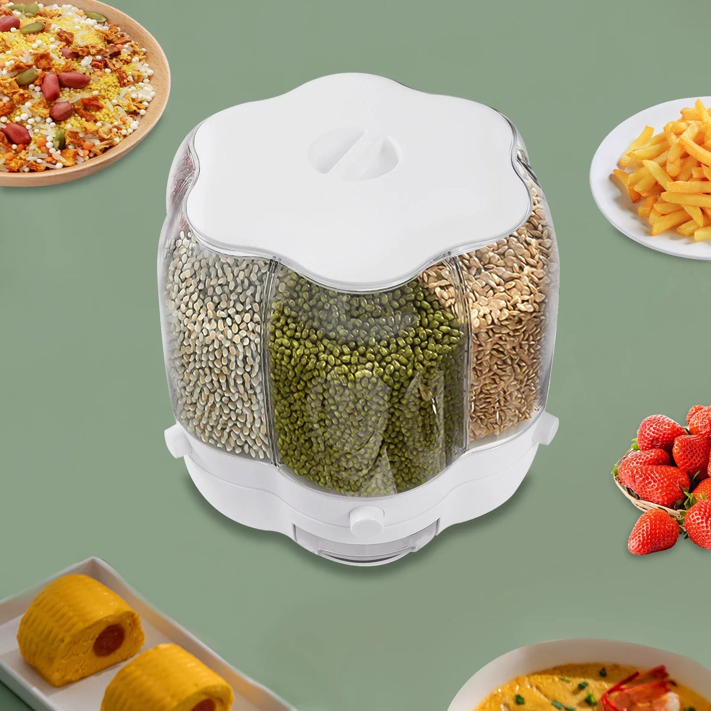 Rotating 6-Grid Food Dispense  Storage with Lid