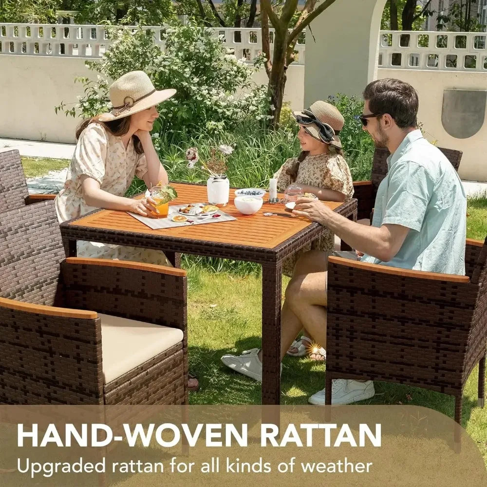 Patio Set with Acacia Wood Top And Wicker Rattan Chairs