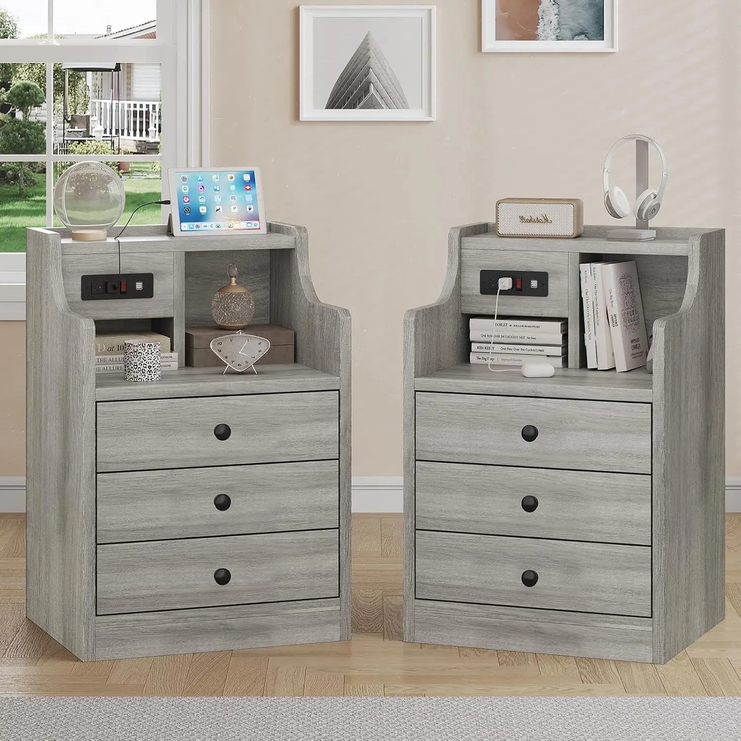 Grey With Hutch Charging Station 3 Drawers