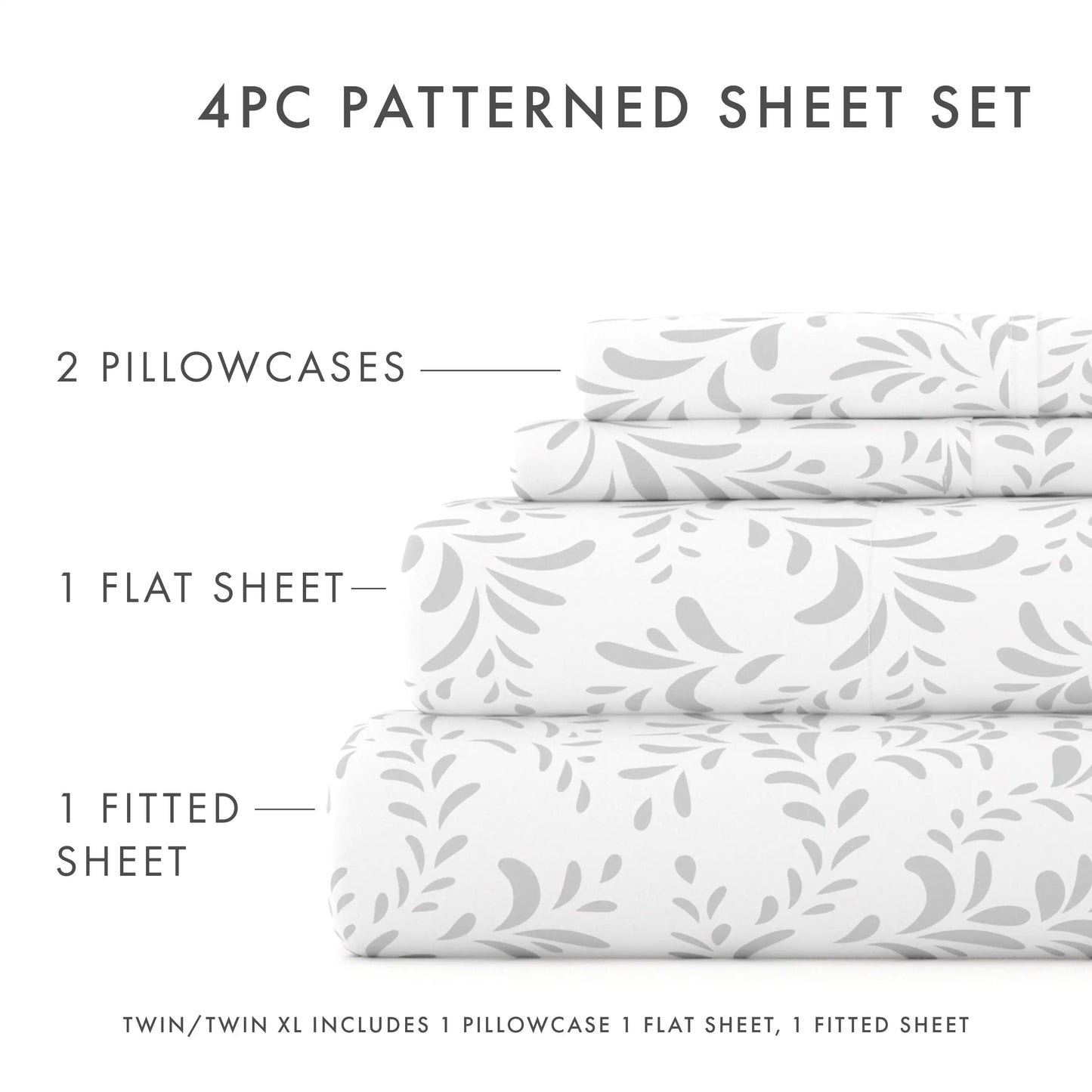 Microfiber Bed Sheets Set, Light Gray Vines,