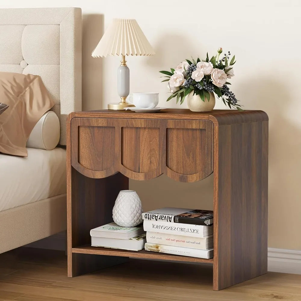 Set/2 Farmhouse Wood Nightstand with Wave Panel Drawe