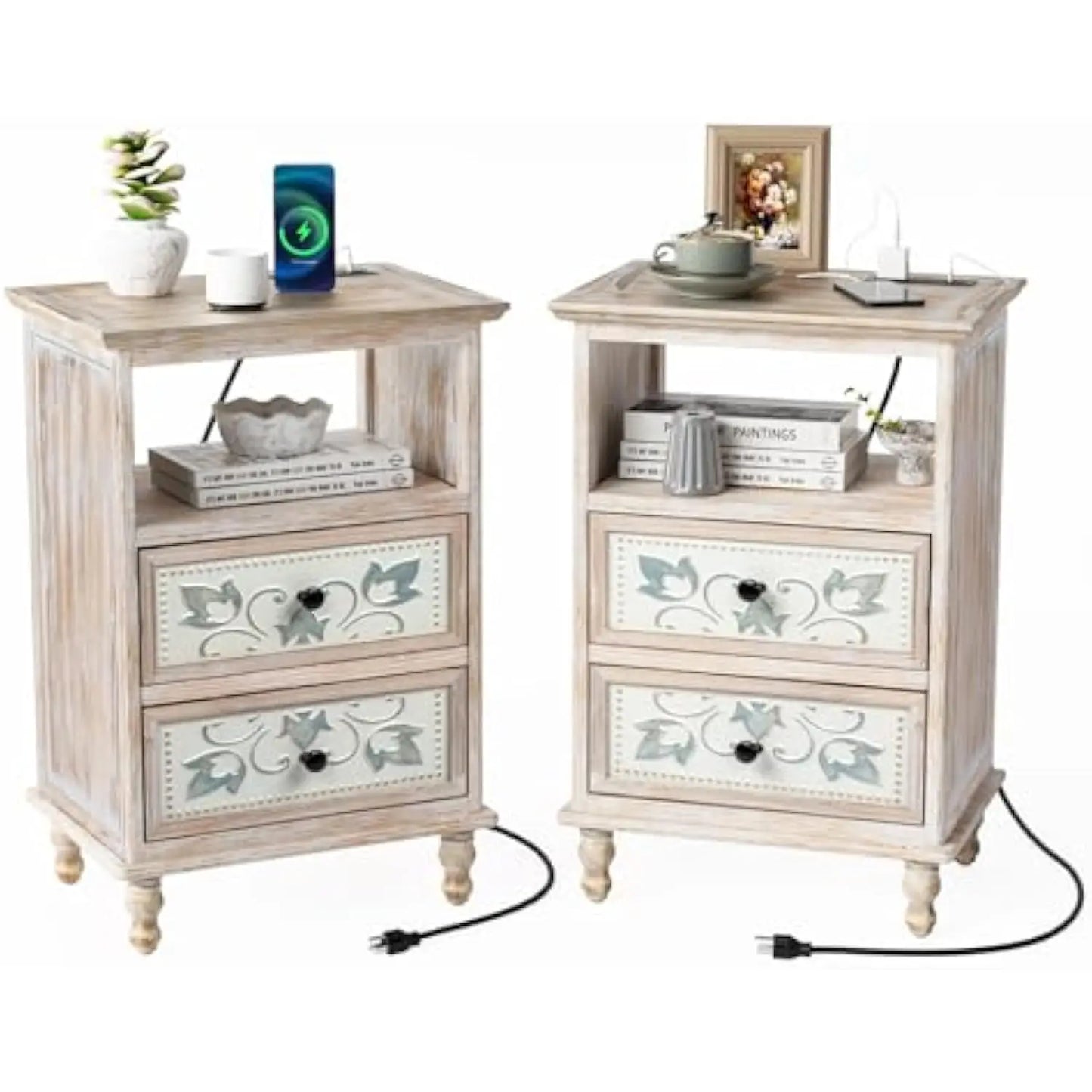 2 White Nightstands Charging Station 2 Drawer