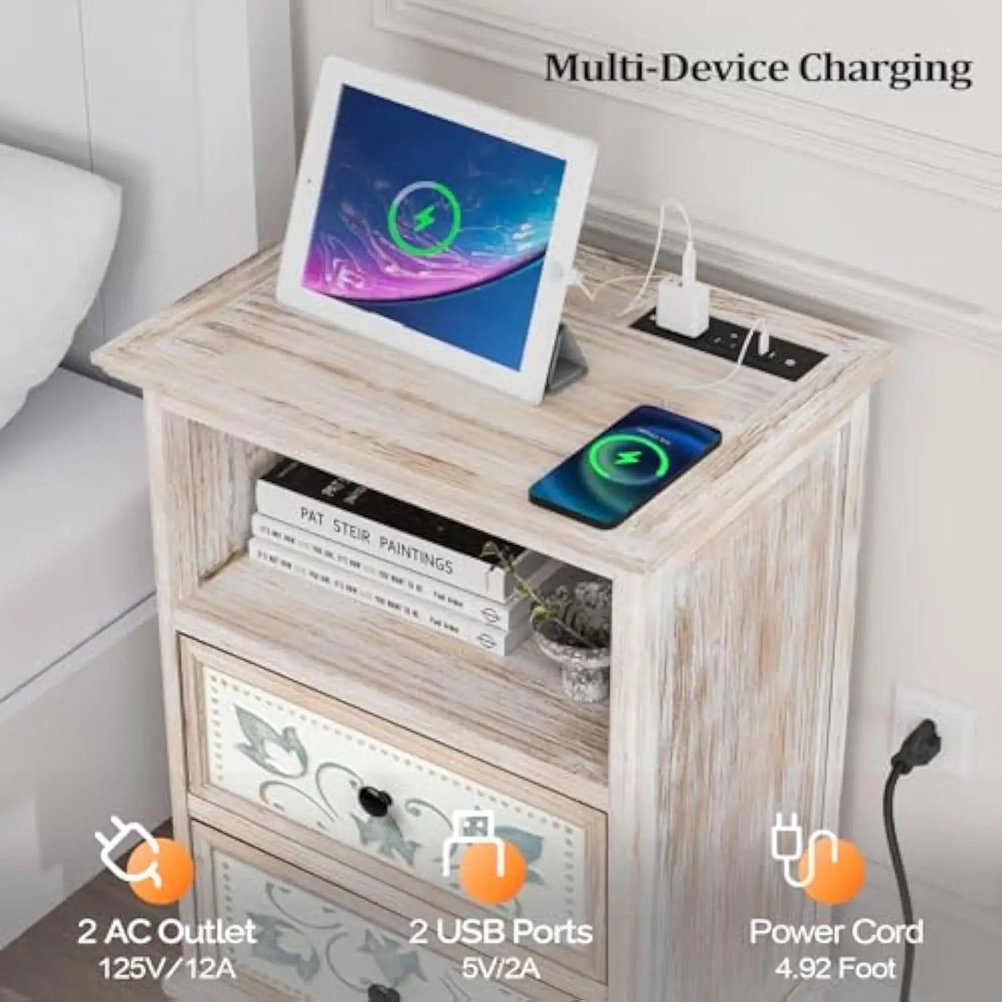 2 White Nightstands Charging Station 2 Drawer
