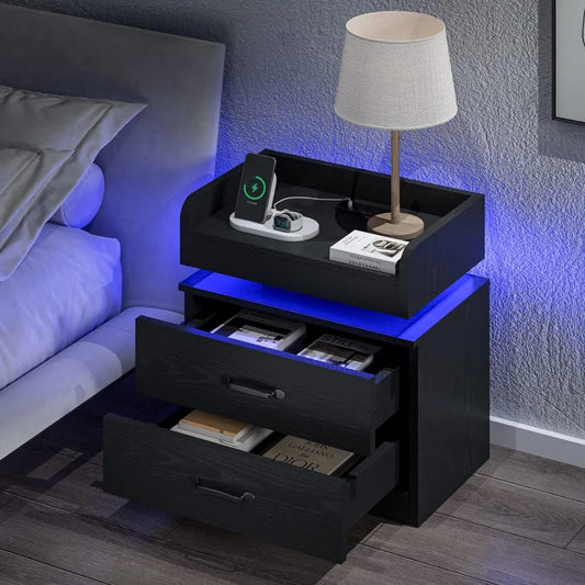 Black Night Stand LED Charging Station 2 Drawers