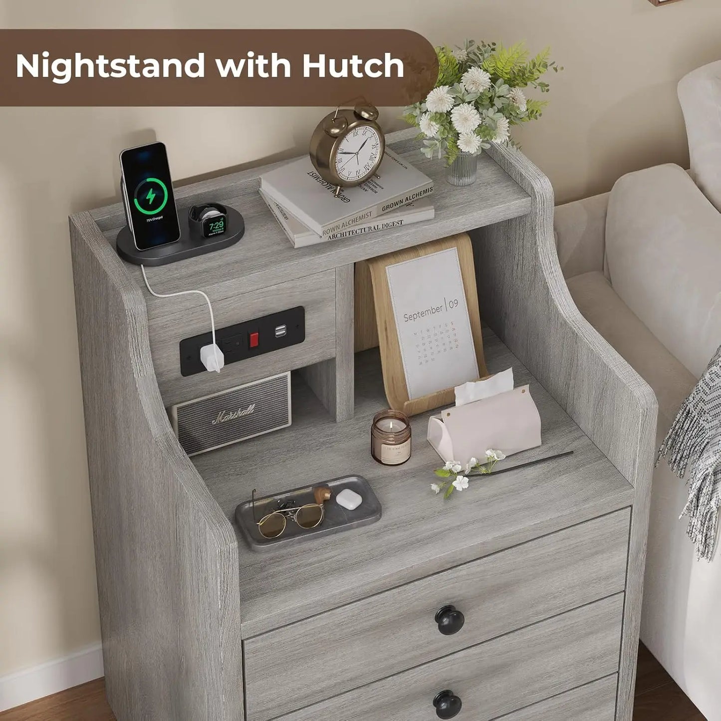 Grey With Hutch Charging Station 3 Drawers
