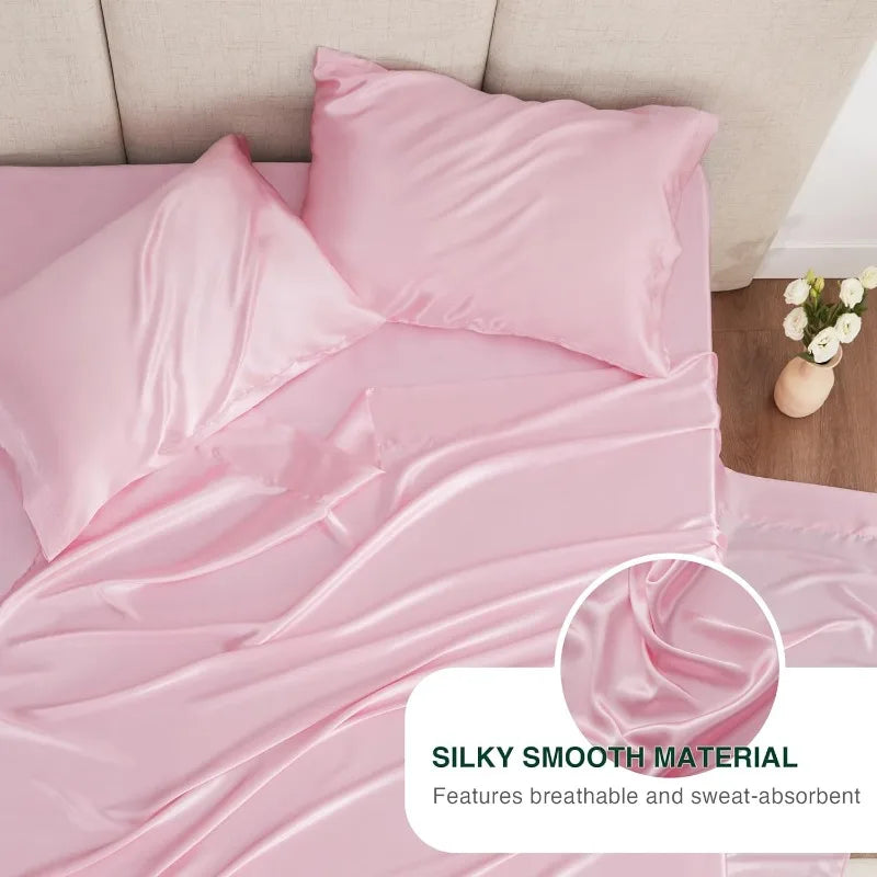 4PC Pink Silky Satin Queen sheet Set