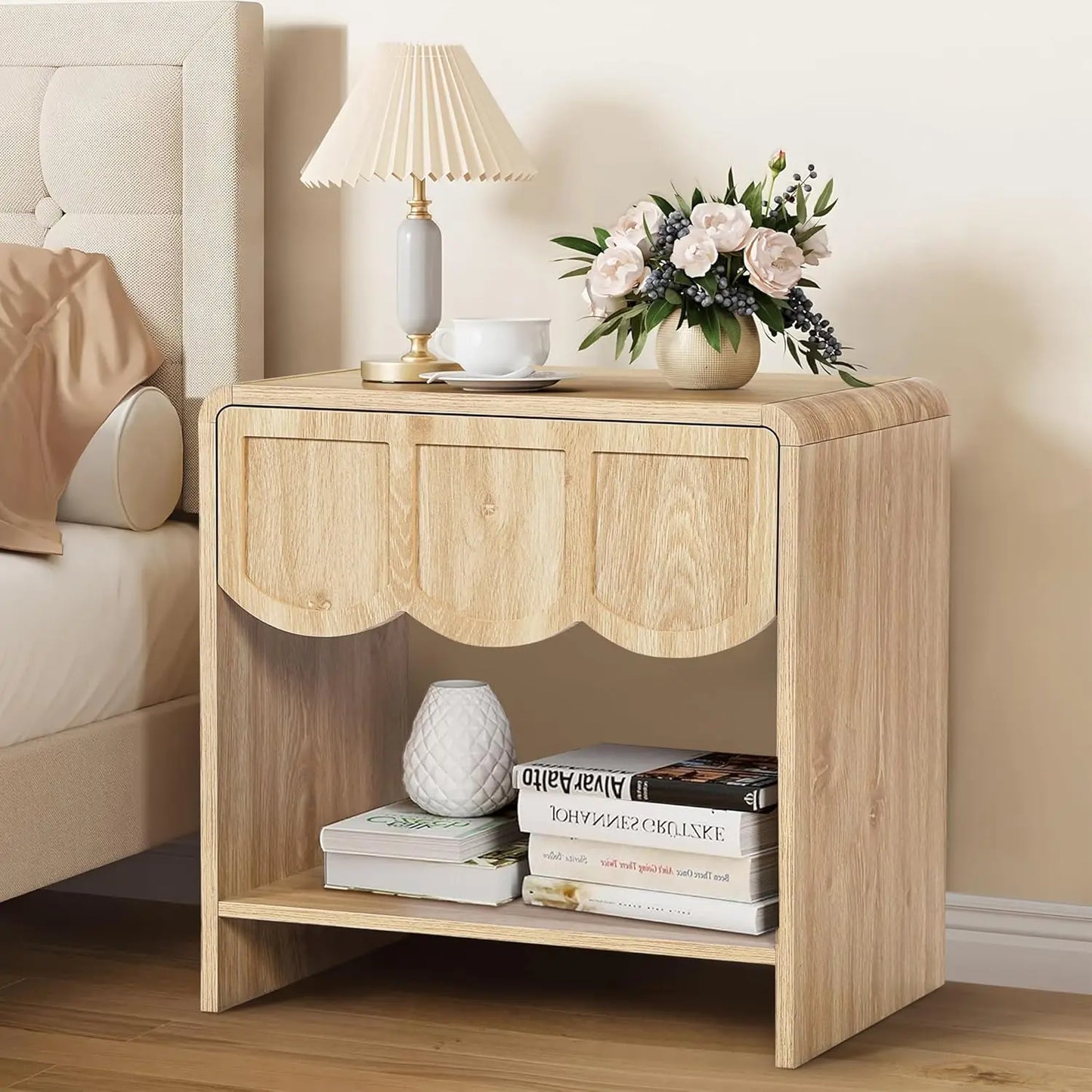 Set/2 Farmhouse Wood Nightstand with Wave Panel Drawe