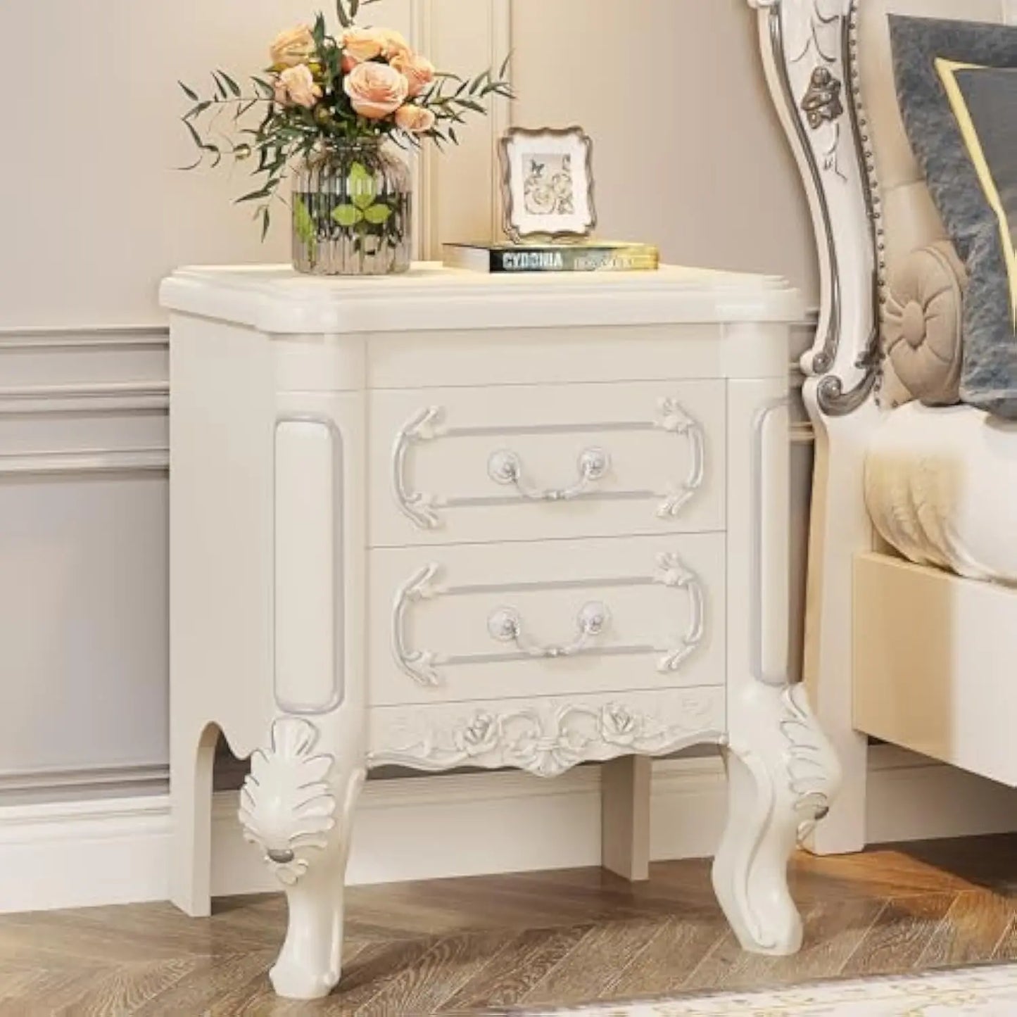 White Nightstand, End Table with 2 Drawers