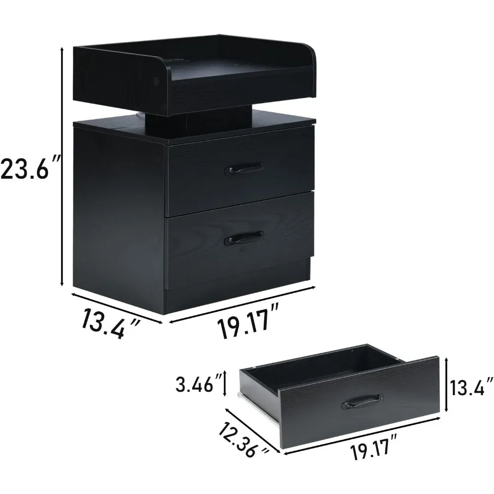 Black Night Stand LED Charging Station 2 Drawers