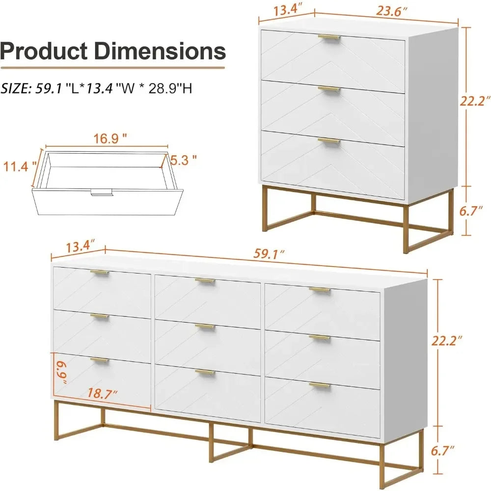 9 Drawer Dressers Storage Cabinet with Golden Legs