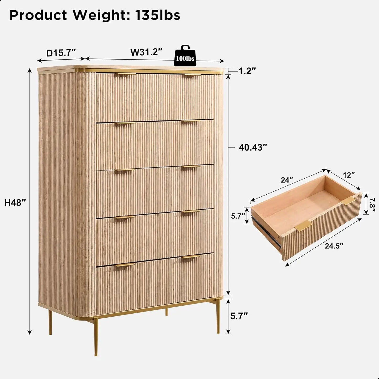 Fluted 5 Drawers Dresser for Bedroom,48" Tall