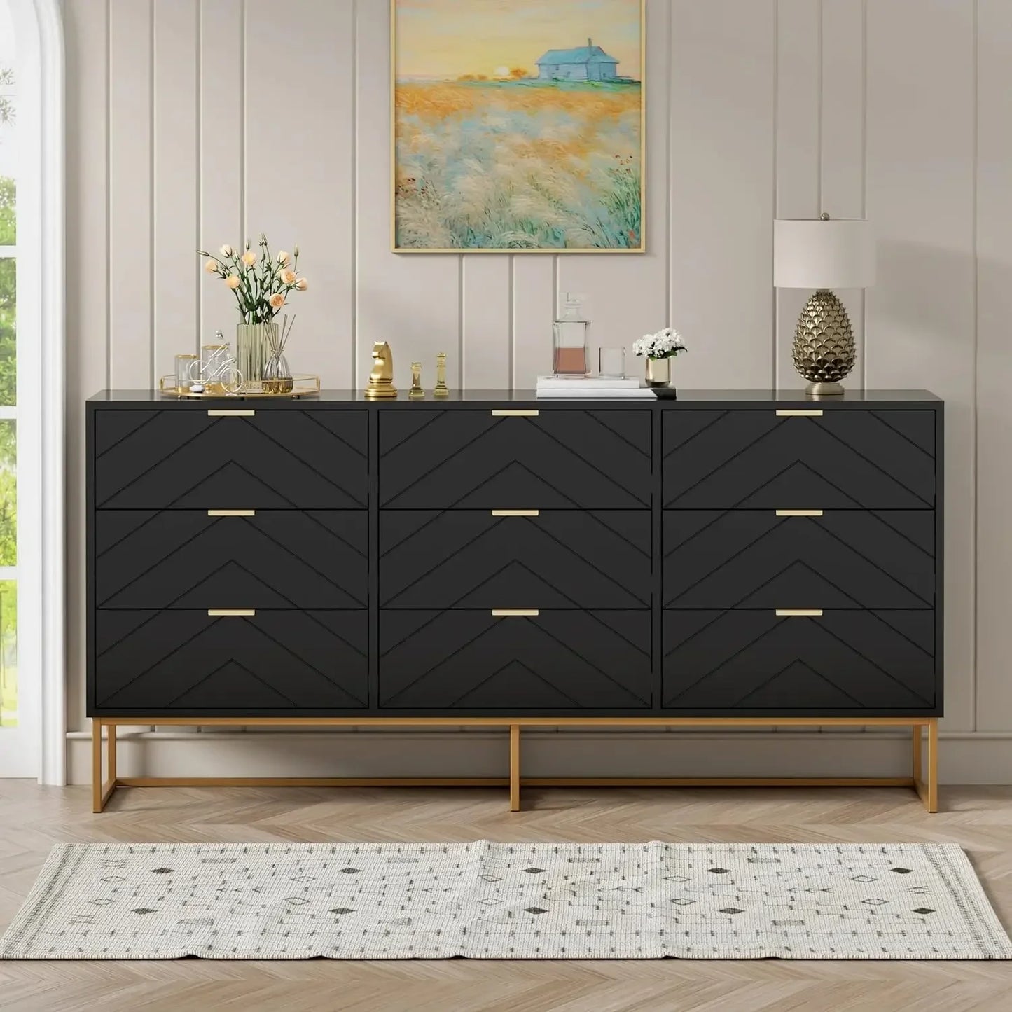 9 Drawer Dressers Storage Cabinet with Golden Legs