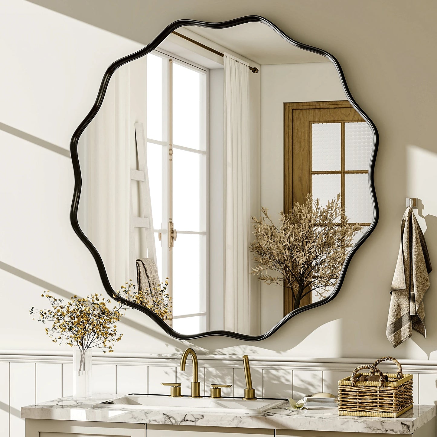 Wavy Round Bathroom Mirror Deep Frame