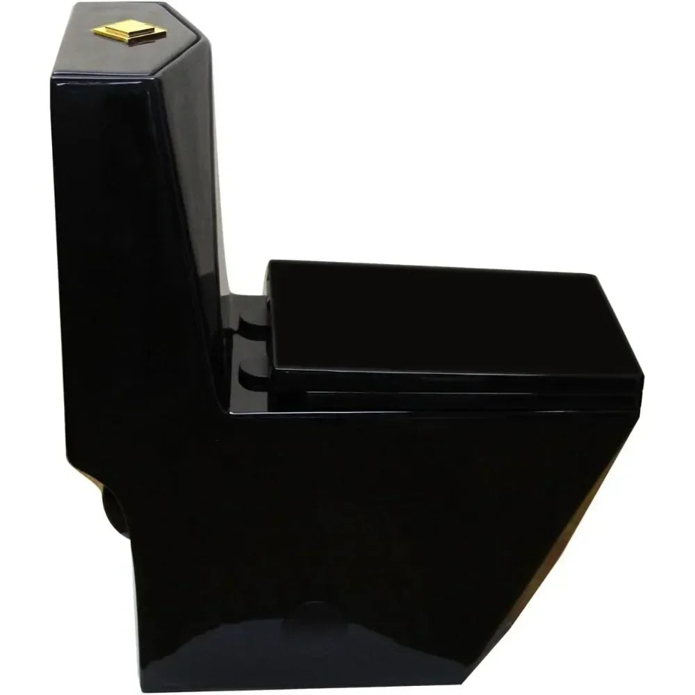 Square One Piece Toilet Black With Gold Button