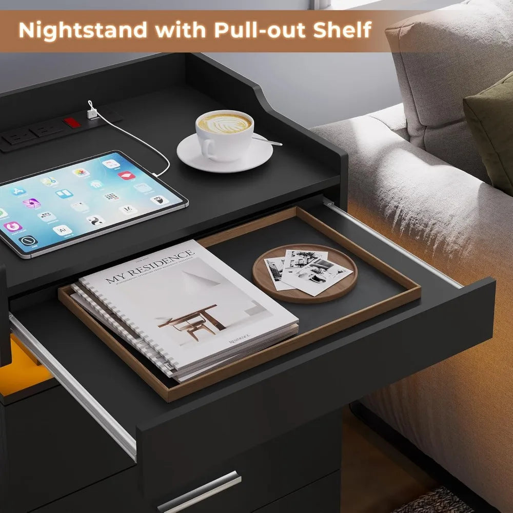 Black set/2 LED Night Stand with Charging Station