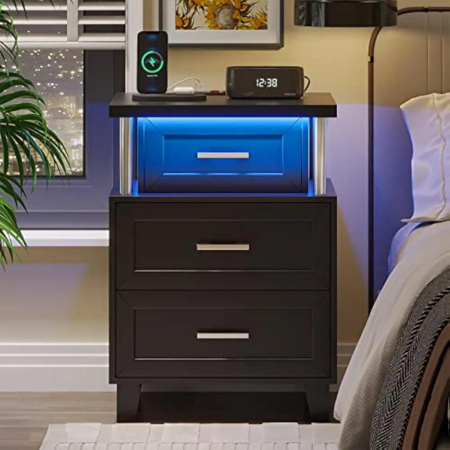 Set/2 Night Stand 3 Drawers Charging Station LED
