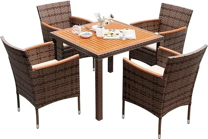 Patio Set with Acacia Wood Top And Wicker Rattan Chairs