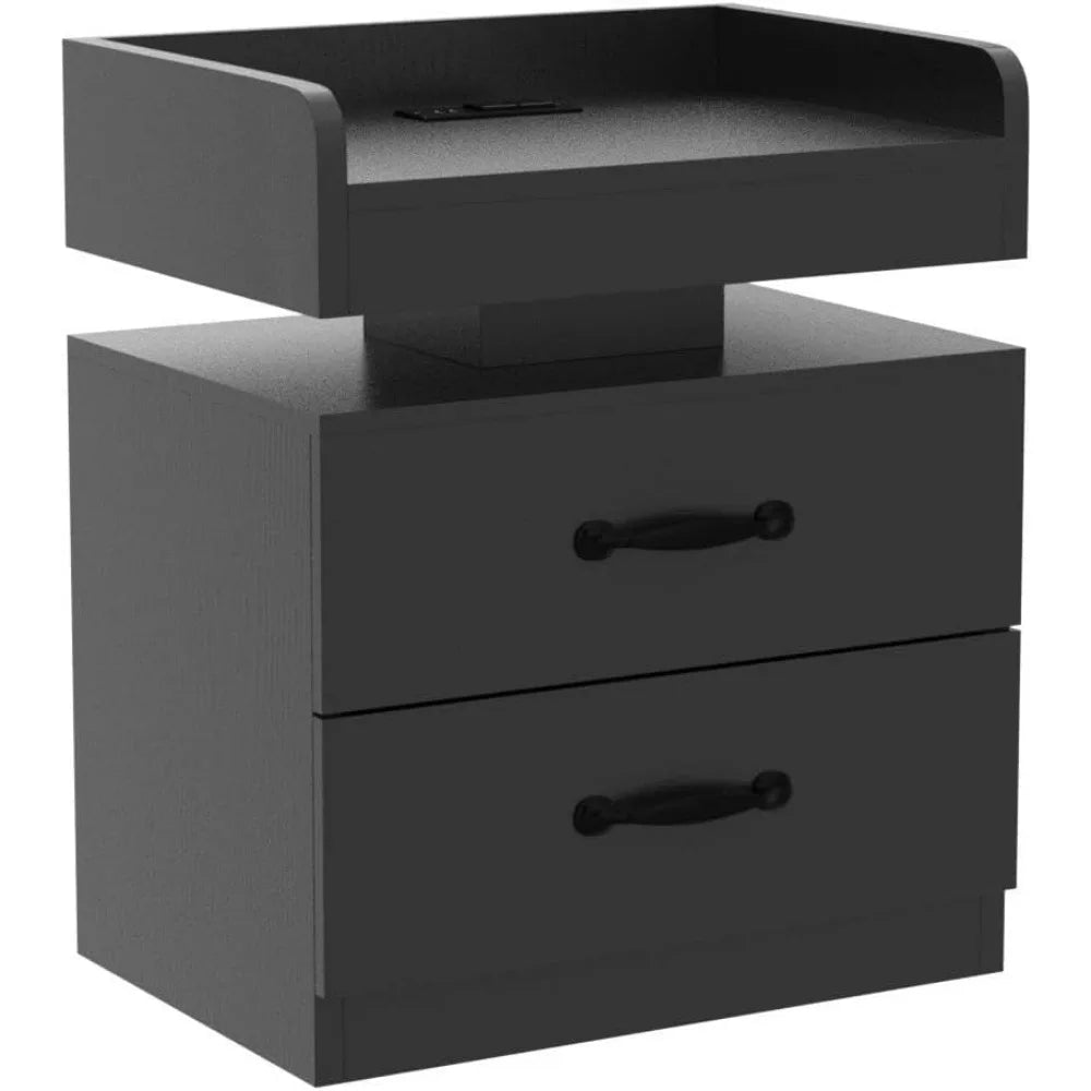 Black Night Stand LED Charging Station 2 Drawers