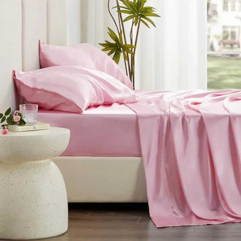 4PC Pink Silky Satin Queen sheet Set