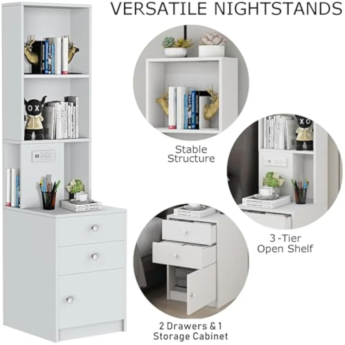 White Nightstand with Charging Station  with Drawer