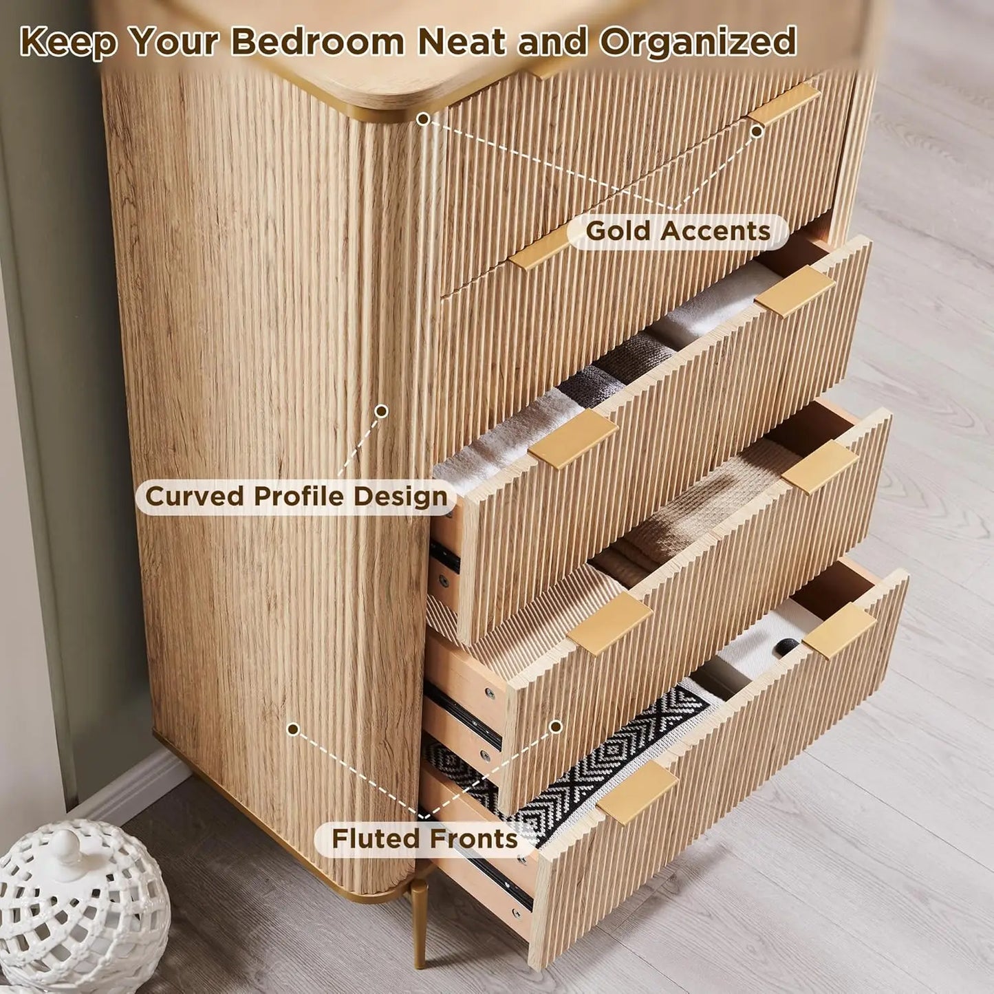 Fluted 5 Drawers Dresser for Bedroom,48" Tall