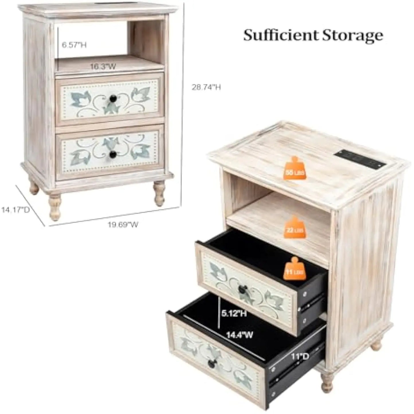2 White Nightstands Charging Station 2 Drawer