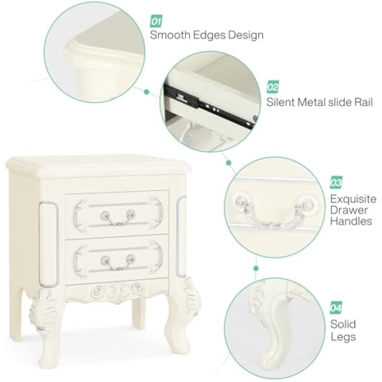 White Nightstand, End Table with 2 Drawers