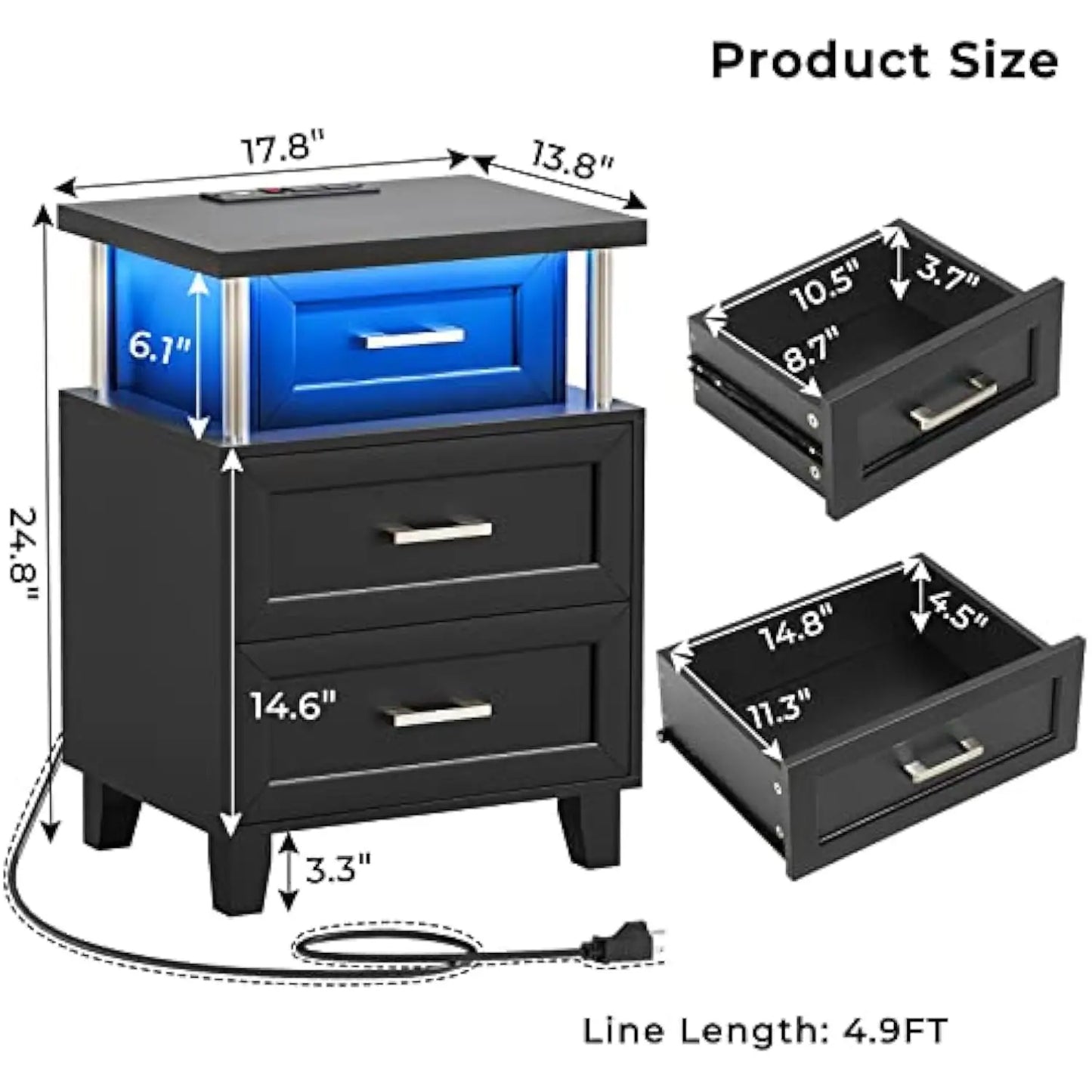 Set/2 Night Stand 3 Drawers Charging Station LED